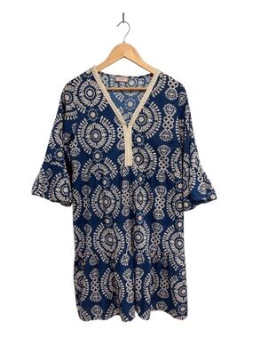 Saiph Women's Blue and White Patterned V-Neck Dress Flare Sleeves A-Line